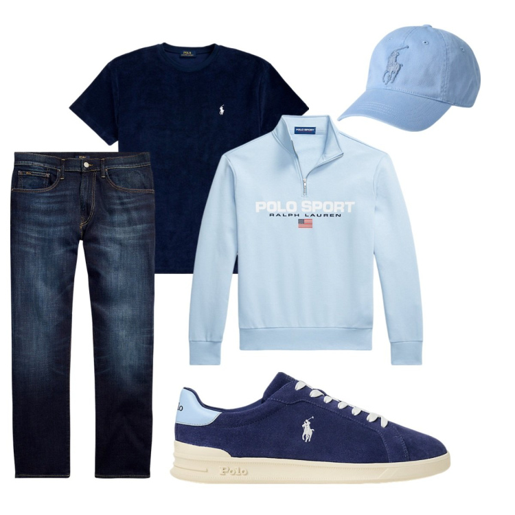 Outfit uomo - Anticipo di Primavera. Stile Trendy per Tutti i giorni. Abbinamento con jeans dritti, felpe, t-shirt, sneakers, cappelli.