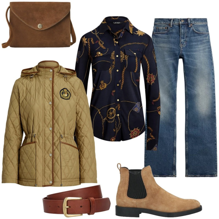 Outfit donna - Stile cottage inglese. Stile Casual chic per Tutti i giorni. Abbinamento con stivaletti, borse a tracolla, jeans bootcut, giacche, camicie, cinture.