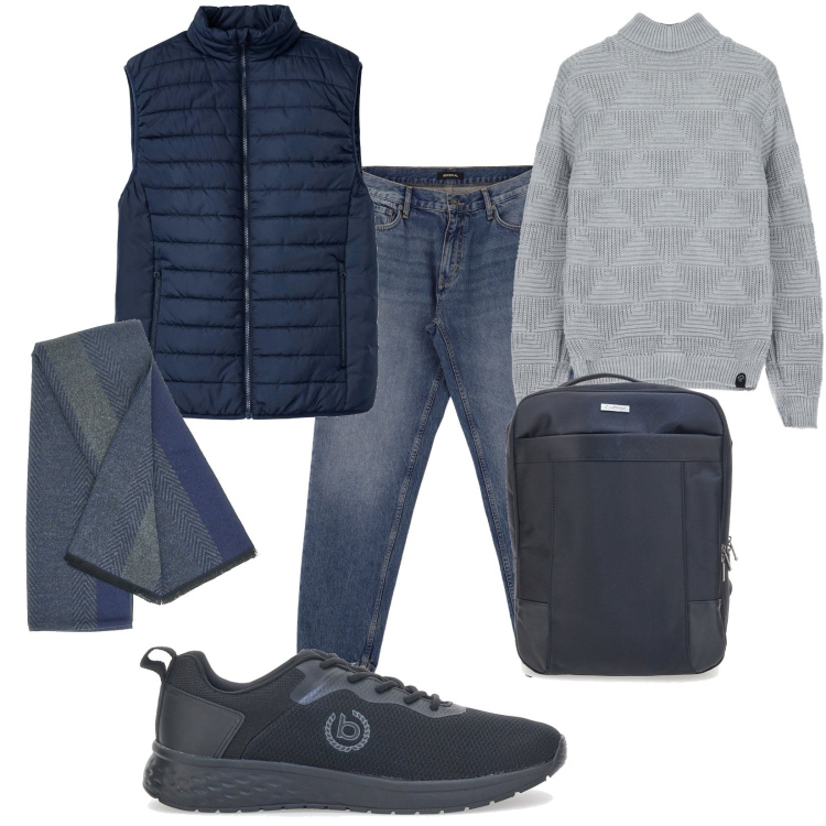 Outfit uomo - Hyde Park. Stile Casual per Sport. Abbinamento con gilet, jeans, maglieria, sciarpe, sneakers, borse sportive.