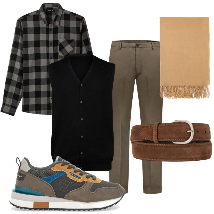 Outfit uomo - Sempre attivi. Stile Casual per Ufficio. Abbinamento con camicie, sciarpe, pantaloni, cinture, sneakers, gilet.