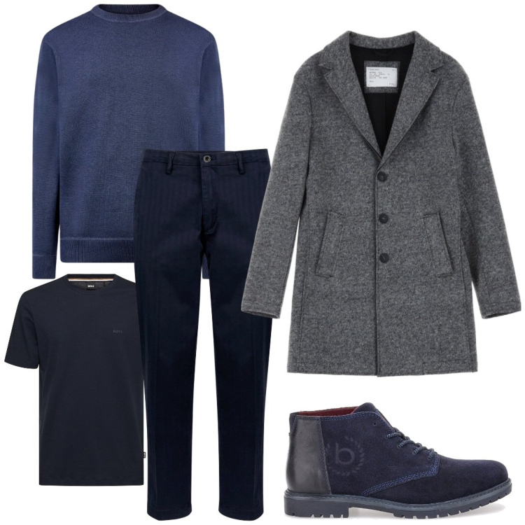 Outfit uomo - In blu con il cappotto grigio. Stile Urban per Serata speciale. Abbinamento con cappotti, scarpe stringate, maglieria, pantaloni, t-shirt.