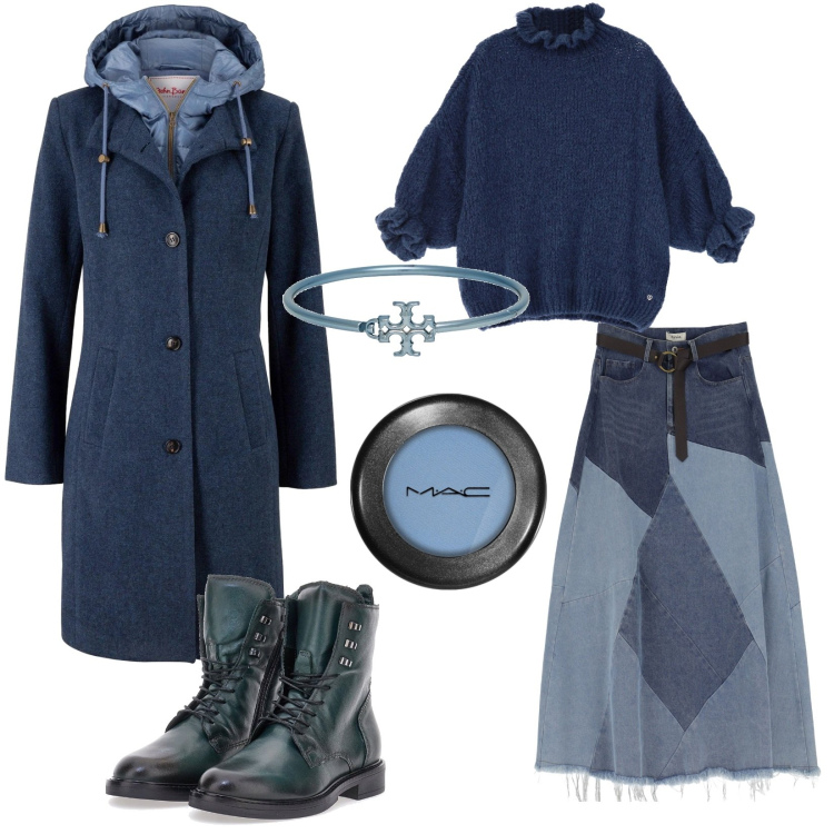 Outfit donna - Denim in diverse sfumature. Stile Trendy per Tutti i giorni. Abbinamento con cappotti, braccialetti, ombretti, maglieria, gonne longuette, anfibi.