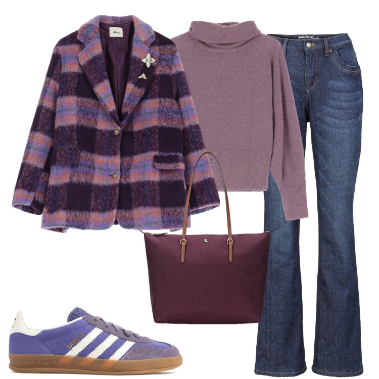 Outfit donna - City. Stile Urban per Tutti i giorni. Abbinamento con jeans bootcut, blazer, maglieria, borse tote, sneakers.