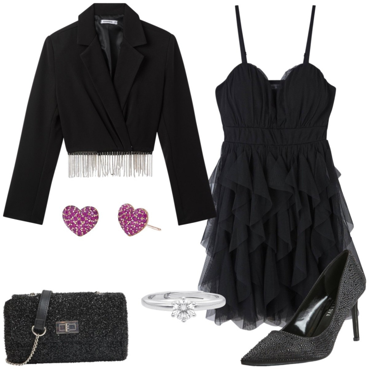 Outfit donna - Total look #2052059. Stile Sexy per Serata fuori. Abbinamento con décolleté, borse a tracolla, vestiti corti, blazer, orecchini, anelli.