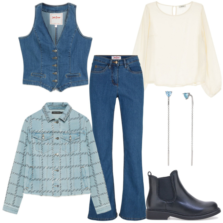 Outfit donna - Sfumature di denim. Stile Casual per Tutti i giorni. Abbinamento con gilet, jeans bootcut, orecchini, camicie, stivaletti chelsea, blazer.