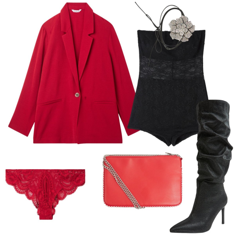 Outfit donna - Total look #2052065. Stile Sexy per Serata fuori. Abbinamento con blazer, borse a tracolla, tuta corta, stivali, culotte, collane.