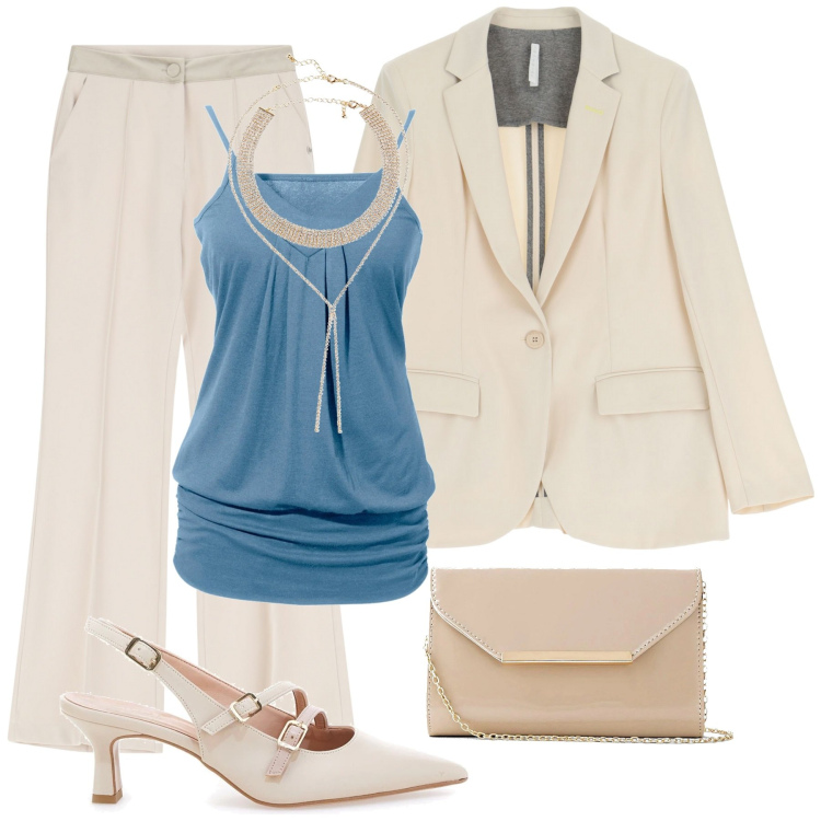 Outfit donna - Total look #2052072. Stile Chic per Cerimonia. Abbinamento con top, pochette, collane, pantaloni, blazer, décolleté.