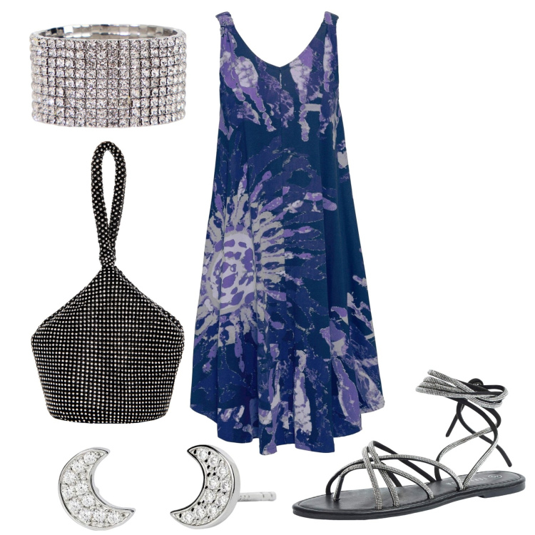 Outfit donna - Batik. Stile Etnico per Tutti i giorni. Abbinamento con vestiti senza maniche, sandali alla schiava, orecchini, pochette, braccialetti.