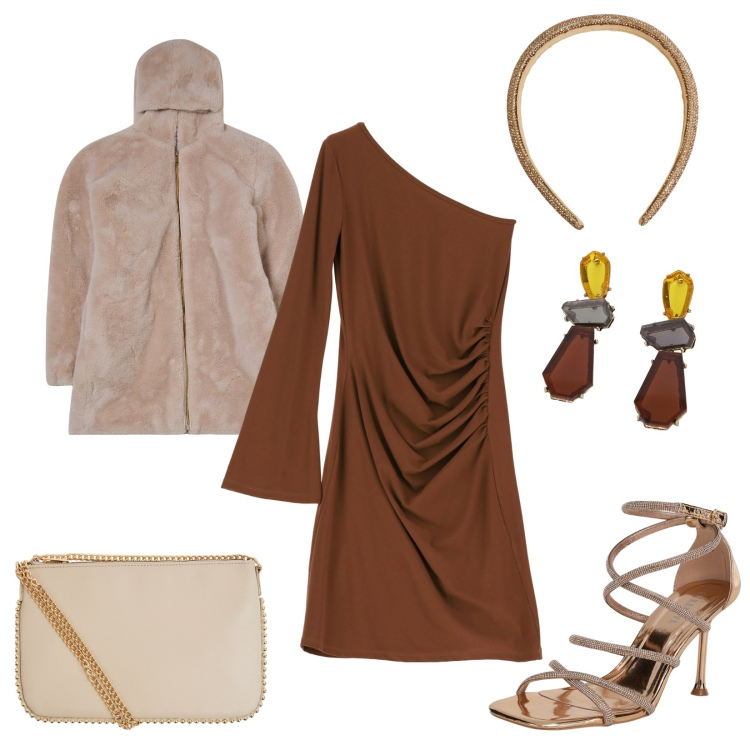 Outfit donna - Dettagli dorati. Stile Sexy per Serata fuori. Abbinamento con cerchietti, sandali col tacco, ecopellicce, borse a tracolla, vestiti asimmetrici, orecchini.
