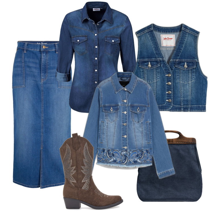Outfit donna - Total denim interscambiabile. Stile Casual per Tutti i giorni. Abbinamento con camicie, gonne, gilet, blazer, borse a tracolla, stivaletti texani.
