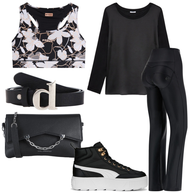 Outfit donna - Ecopelle. Stile Trendy per Sport. Abbinamento con borse a tracolla, pantaloni, reggiseni, cinture, sneakers, t-shirt.