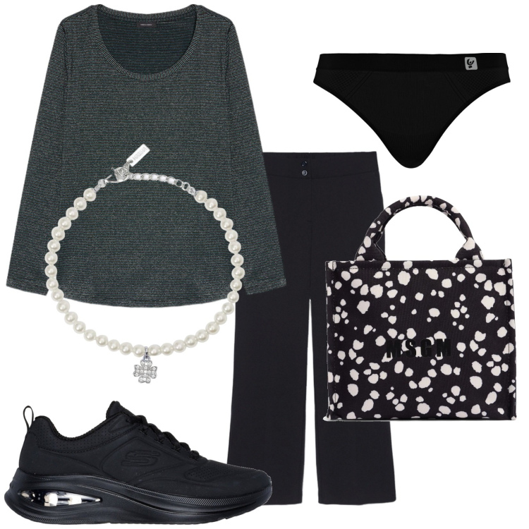 Outfit donna - Total look #2052081. Stile Casual per Tutti i giorni. Abbinamento con braccialetti con ciondoli, perizomi, sneakers, pantaloni, shopping bag, t-shirt.