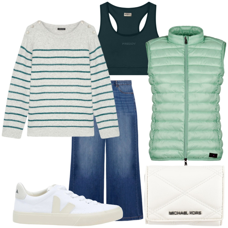 Outfit donna - Total look #2052082. Stile Casual per Tutti i giorni. Abbinamento con portafogli, sneakers, reggiseni, piumini, maglieria, jeans.