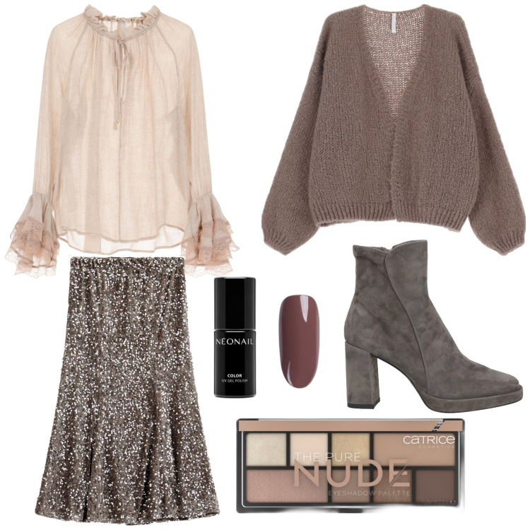 Outfit donna - Cremoso al caffè. Stile Bon Ton per Serata fuori. Abbinamento con stivaletti, ombretti, smalti, cardigans, bluse, gonne longuette.