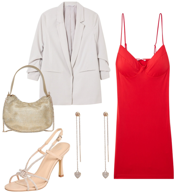 Outfit donna - Terranova per San Valentino. Stile Glamour per Serata fuori. Abbinamento con vestiti corti, blazer, sandali col tacco, borse a spalla, orecchini.