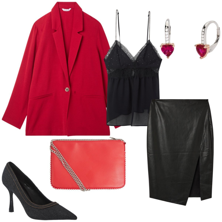 Outfit donna - Total look #2052098. Stile Sexy per Serata fuori. Abbinamento con blazer, borse a tracolla, gonne longuette, décolleté, canottiere, orecchini.