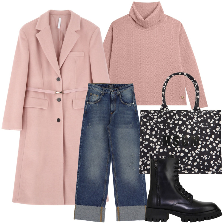 Outfit donna - Charme rosa. Stile Minimal per Scuola/Università. Abbinamento con cappotti, maglieria, jeans, stivali, shopping bag.