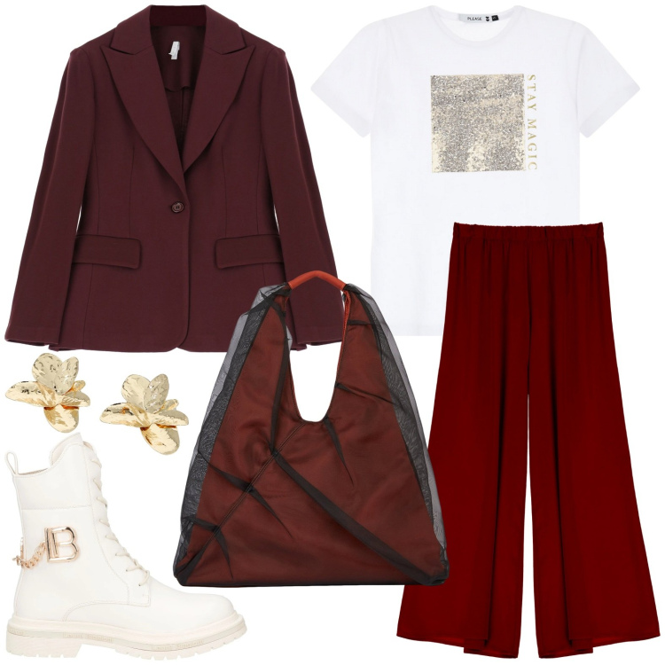 Outfit donna - Profondo bordeaux. Stile Basic per Ufficio. Abbinamento con anfibi, t-shirt, blazer, pantaloni, orecchini, shopping bag.