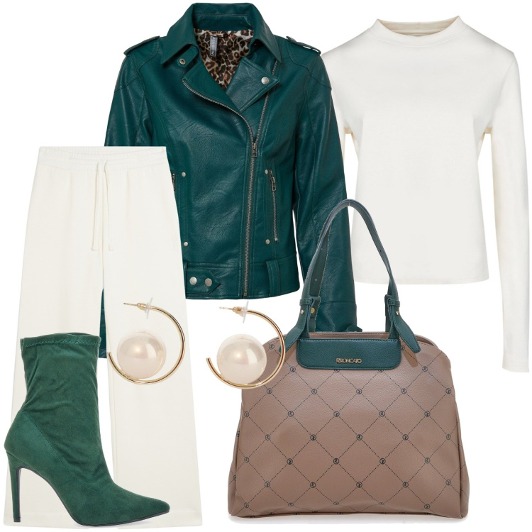 Outfit donna - Sfumature verdi. Stile Trendy per Tutti i giorni. Abbinamento con blazer, pantaloni, orecchini, stivaletti, borse a spalla, t-shirt.