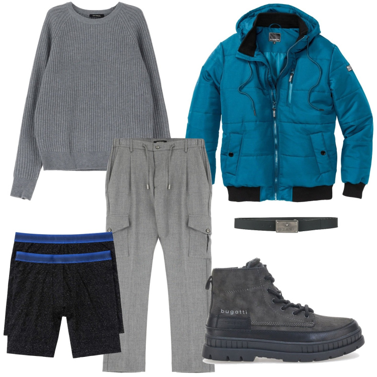 Outfit uomo - Ottanio lucente. Stile Trendy per Tutti i giorni. Abbinamento con boxer, bomber, cinture, pantaloni cargo, pullovers, stivali e stivaletti.