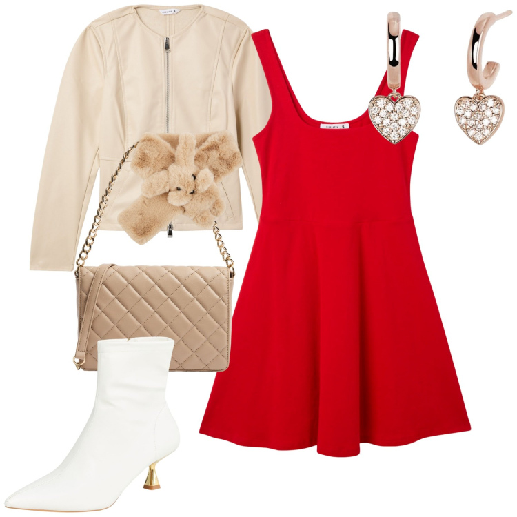 Outfit donna - San Valentino. Stile Minimal per Serata fuori. Abbinamento con stivaletti, blazer, vestiti, sciarpe, borse a tracolla, orecchini.