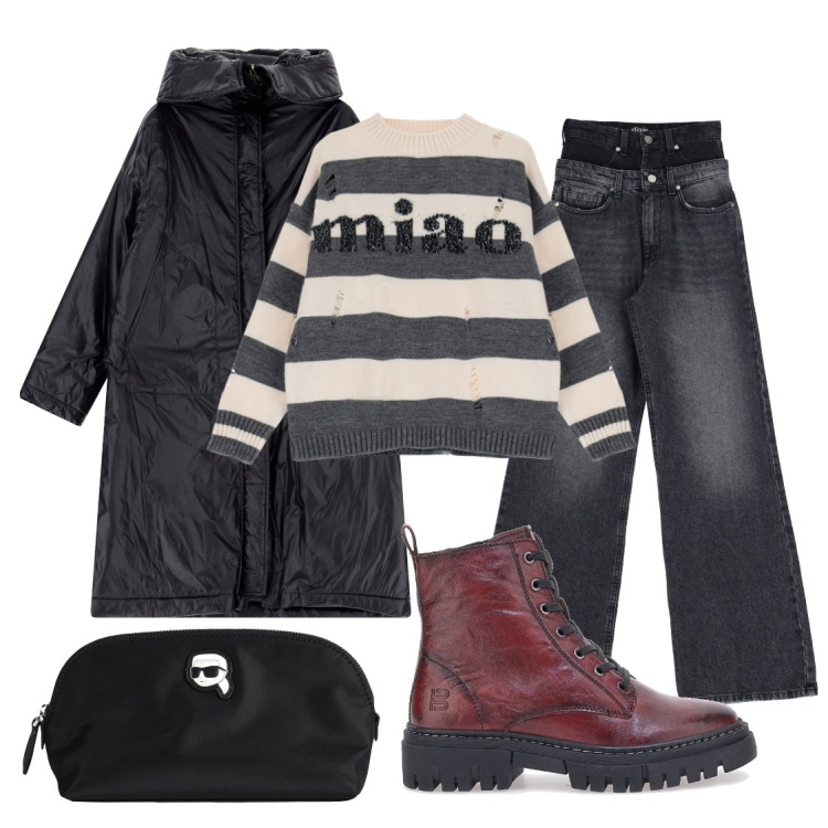 Outfit donna - I gatti conquisteranno il mondo. Stile Rock per Tutti i giorni. Abbinamento con valigie, jeans, parka, pullovers, anfibi.
