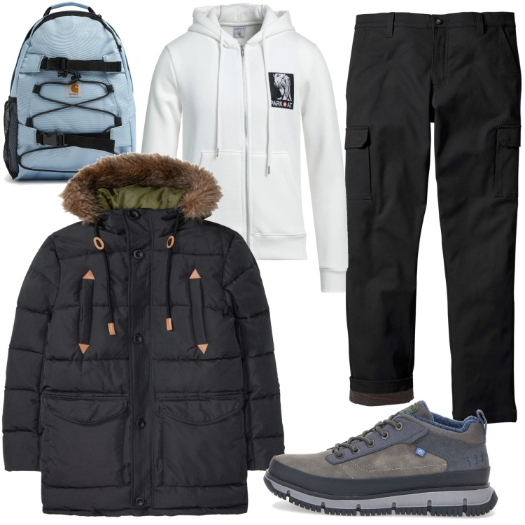 Outfit uomo - Tasche ne abbiamo?. Stile Casual per Tutti i giorni. Abbinamento con pantaloni cargo, giacche, felpe con cappuccio, sneakers, borse sportive.