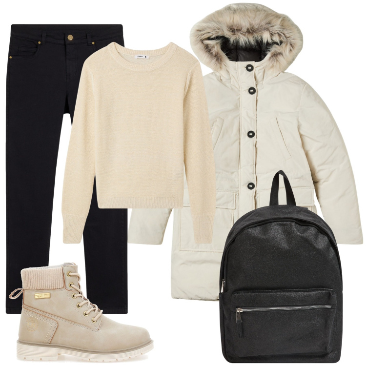 Outfit donna - Comoda. Stile Basic per Tutti i giorni. Abbinamento con parka, zaini, maglieria, pantaloni skinny, stivaletti.