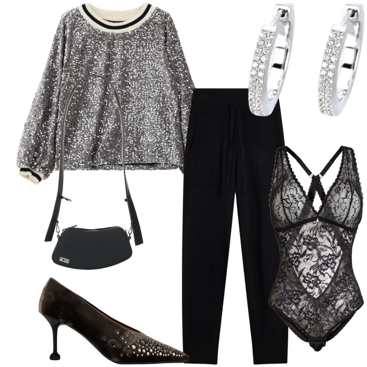 Outfit donna - Fra pizzo e brillio. Stile Glamour per Serata fuori. Abbinamento con borse a spalla, body, orecchini, felpe, décolleté, pantaloni.