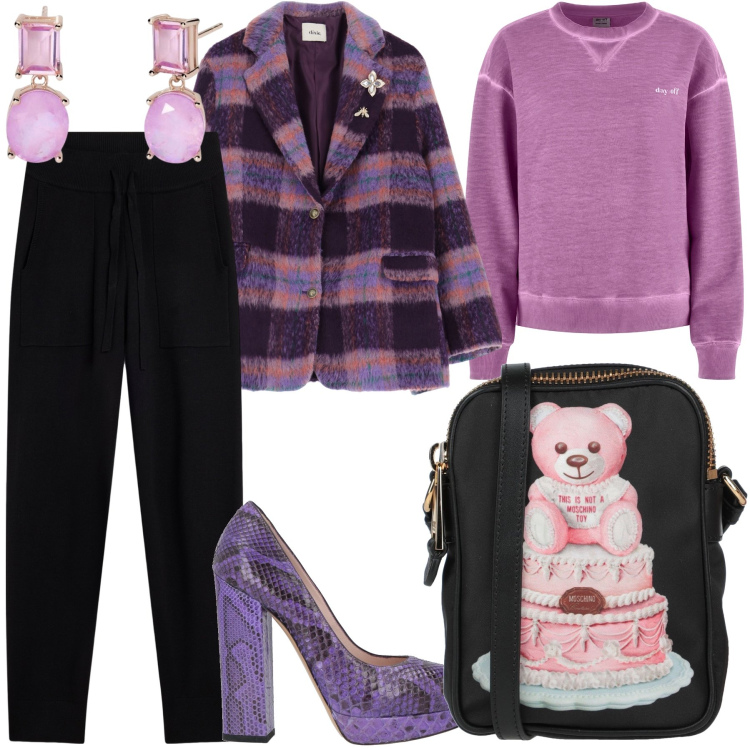 Outfit donna - Ad un compleanno. Stile Trendy per Serata fuori. Abbinamento con décolleté, borse a tracolla, orecchini, felpe, pantaloni, blazer.