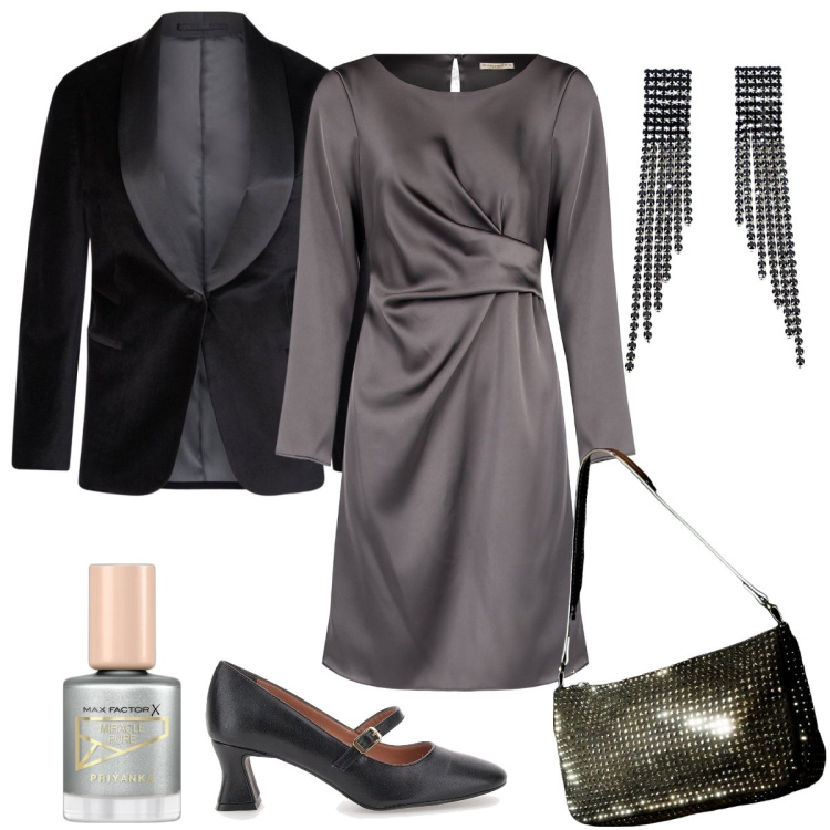 Outfit donna - Dettagli metallici per brillare - Curvy. Stile Glamour per Serata fuori. Abbinamento con smalti, borse a spalla, vestiti midi/longuette, orecchini, décolleté, blazer.