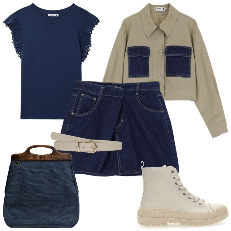 Outfit donna - Glamour in jeans. Stile Chic per Tutti i giorni. Abbinamento con cinture, t-shirt, minigonne, blazer, stivaletti, borse a tracolla.