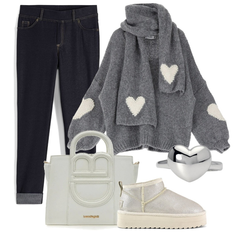 Outfit donna - Caldo pullover. Stile Casual per Tutti i giorni. Abbinamento con jeggings, anelli, maglieria, stivaletti, borse a tracolla.