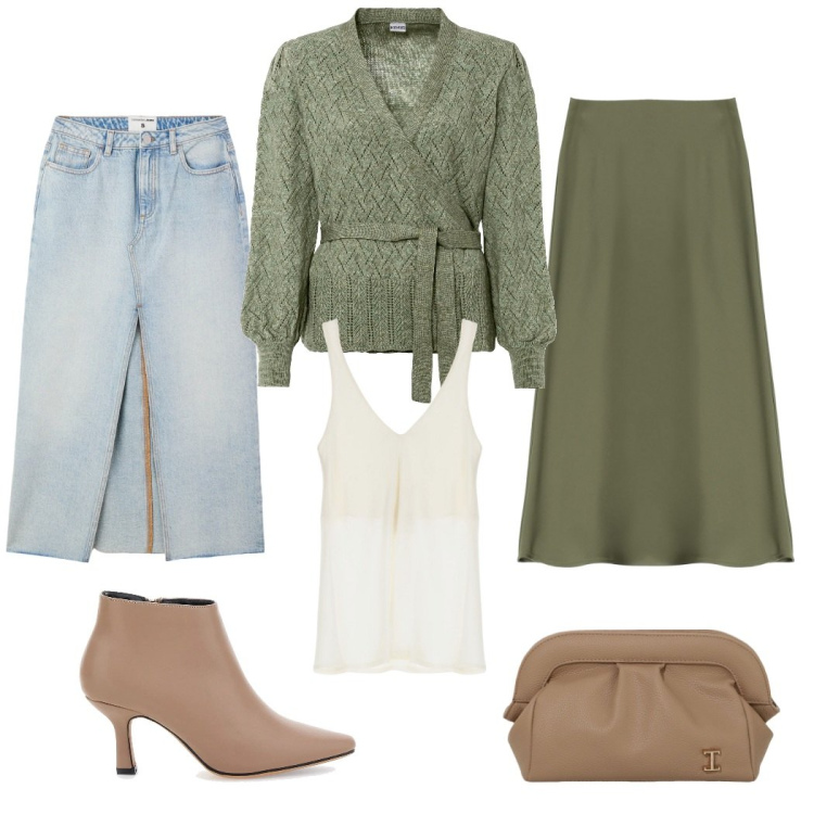 Outfit donna - La doppia vita di un maglioncino. Stile Glamour per Tutti i giorni. Abbinamento con maglieria, gonne lunghe, gonne longuette, borse a mano, top, stivaletti.