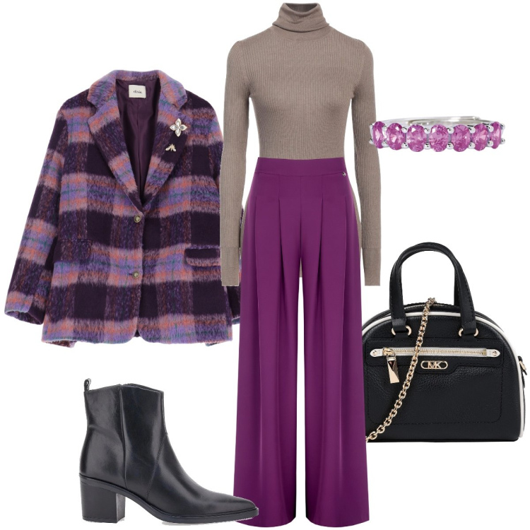 Outfit donna - La giacca morbida. Stile Bon Ton per Serata fuori. Abbinamento con borse a mano, maglieria, anelli, pantaloni a palazzo, blazer, stivaletti.