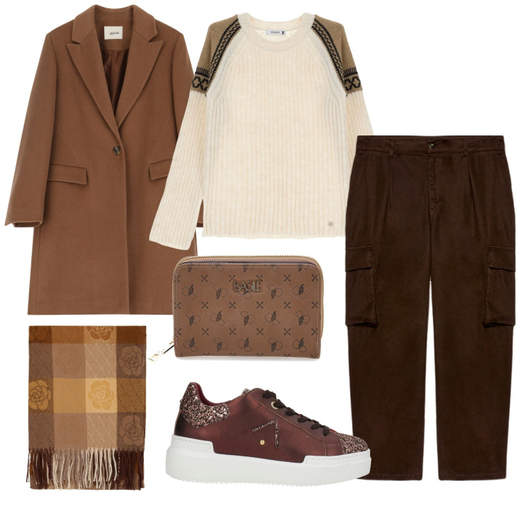 Outfit donna - Marrone. Stile Casual per Tutti i giorni. Abbinamento con sneakers, pullovers, foulard, cappotti, portafogli, pantaloni cargo.