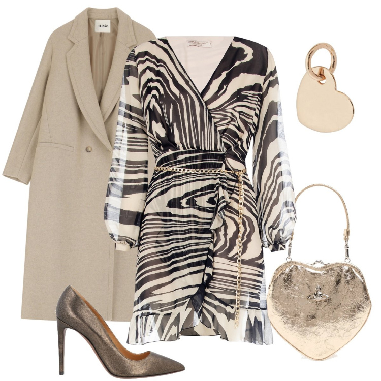 Outfit donna - L’abito zebrato. Stile Romantica per Cerimonia. Abbinamento con décolleté, blazer, vestiti, pochette, ciondoli.