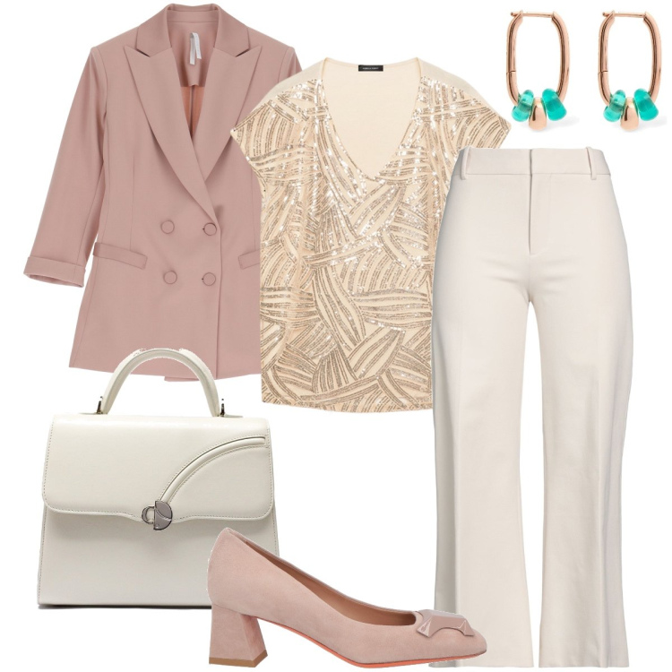 Outfit donna - La giacca rosa. Stile Romantica per Cerimonia. Abbinamento con pantaloni, décolleté, blazer, t-shirt, orecchini, borse a mano.