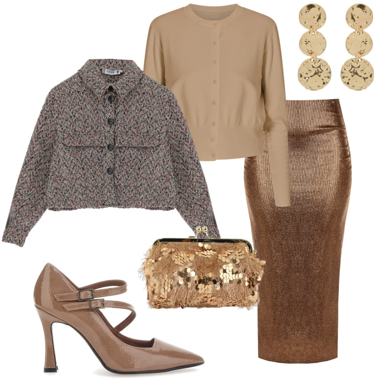 Outfit donna - Dettagli per brillare. Stile Chic per Serata fuori. Abbinamento con cappotti, vestiti a tubino, cardigans, borse a spalla, décolleté, orecchini.