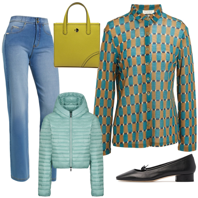 Outfit donna - La camicia fantasia. Stile Casual chic per Tutti i giorni. Abbinamento con camicie, jeans, piumini, shopping bag, ballerine.