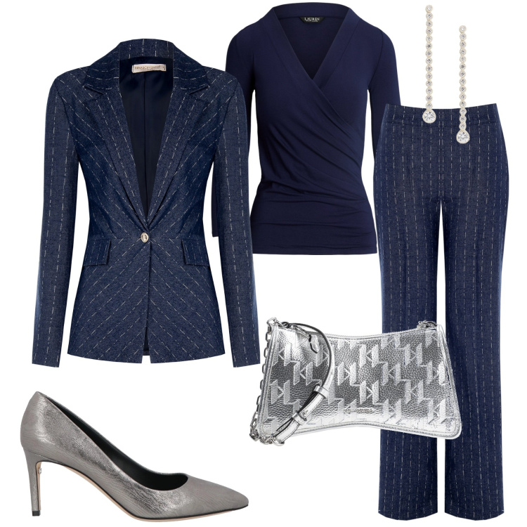 Outfit donna - Dettagli per brillare. Stile Chic per Serata fuori. Abbinamento con décolleté, borse a tracolla, blazer, pantaloni, top, orecchini.