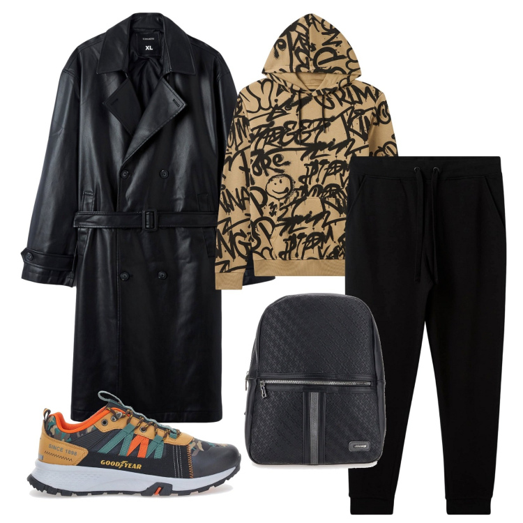 Outfit uomo - Street -ready!. Stile Urban per Tutti i giorni. Abbinamento con felpe con cappuccio, trench, pantaloni sportivi, borse sportive, sneakers.