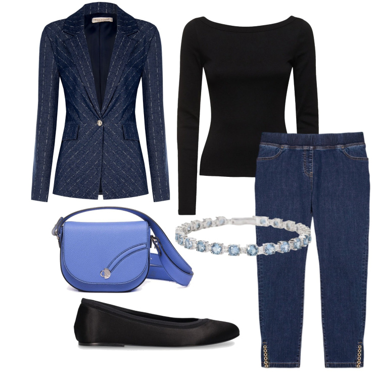 Outfit donna - Blu scuro. Stile Casual chic per Ufficio. Abbinamento con braccialetti, blazer, borse a tracolla, jeggings, t-shirt, ballerine.
