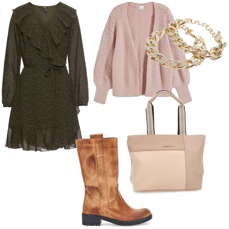 Outfit donna - Domenica. per Tutti i giorni. Abbinamento con vestiti, cardigans, braccialetti, borse a spalla, stivali.