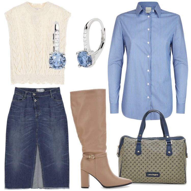 Outfit donna - Camicia, gilet e gonna in denim. Stile Urban per Tutti i giorni. Abbinamento con orecchini, gonne, gilet, borse a spalla, stivali, camicie.