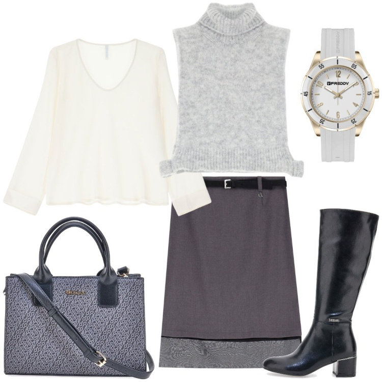 Outfit donna - Outfit femminile e professionale. Stile Bon Ton per Ufficio. Abbinamento con camicie, gilet, gonne, orologi, stivali, borse a tracolla.