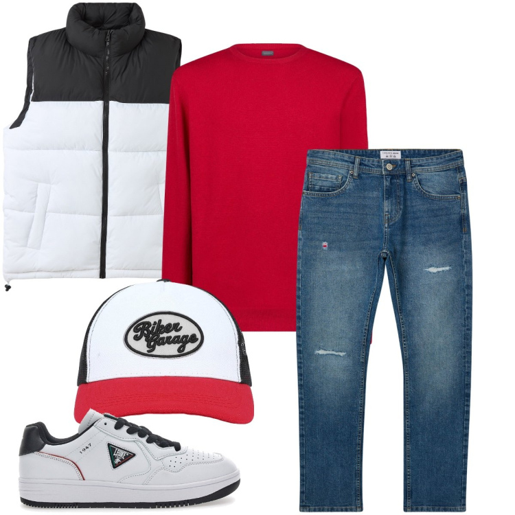 Outfit uomo - Abbinamenti di colore. Stile Urban per Tutti i giorni. Abbinamento con cappelli con visiera, jeans strappati, piumini, maglieria, sneakers.