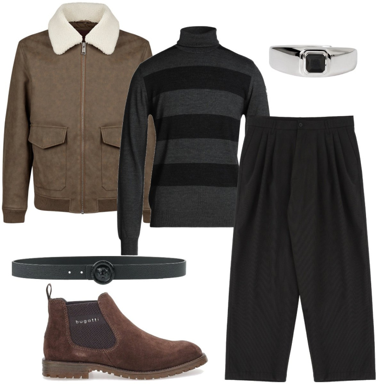 Outfit uomo - Il dolcevita a strisce. Stile Trendy per Serata speciale. Abbinamento con maglieria, cinture, anelli, pantaloni, stivali e stivaletti, giacche.