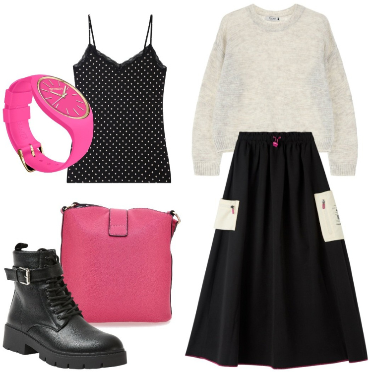 Outfit donna - Caffè con le amiche. Stile Romantica per Tutti i giorni. Abbinamento con magliette intime, gonne lunghe, anfibi, pullovers, orologi, borse a spalla.