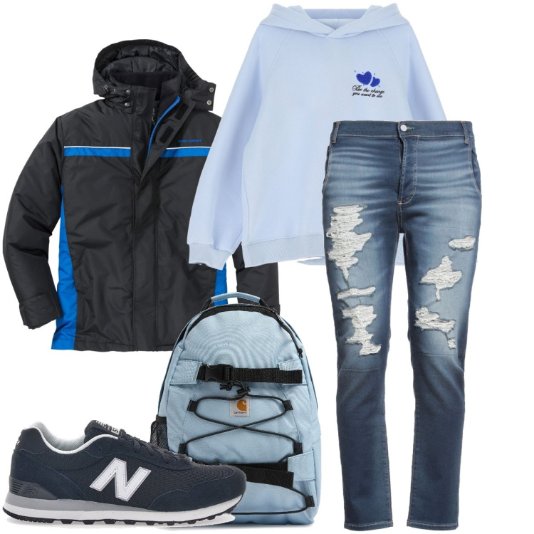 Outfit uomo - I jeans strappati. Stile Casual per Tutti i giorni. Abbinamento con giacche, pantaloni, felpe con cappuccio, sneakers, borse sportive.